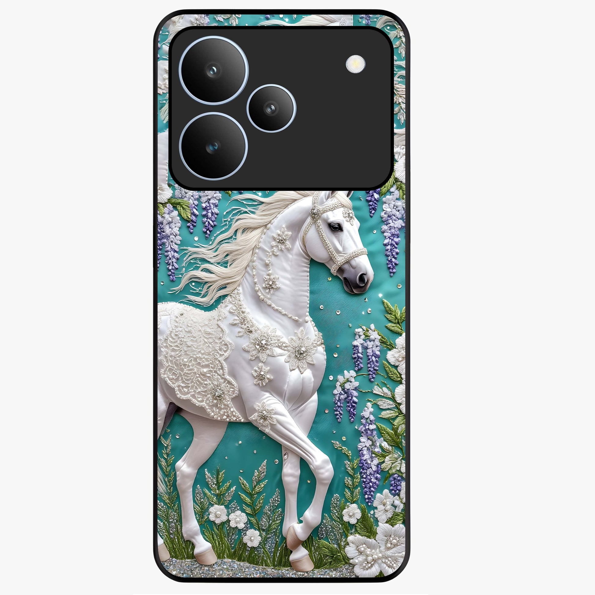 Majestic Floral Stallion Glass Case showing flat back view with powerful horse and floral artwork and glossy glass finish.