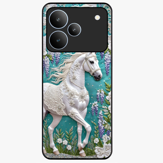 Majestic Floral Stallion Glass Case showing flat back view with powerful horse and floral artwork and glossy glass finish.