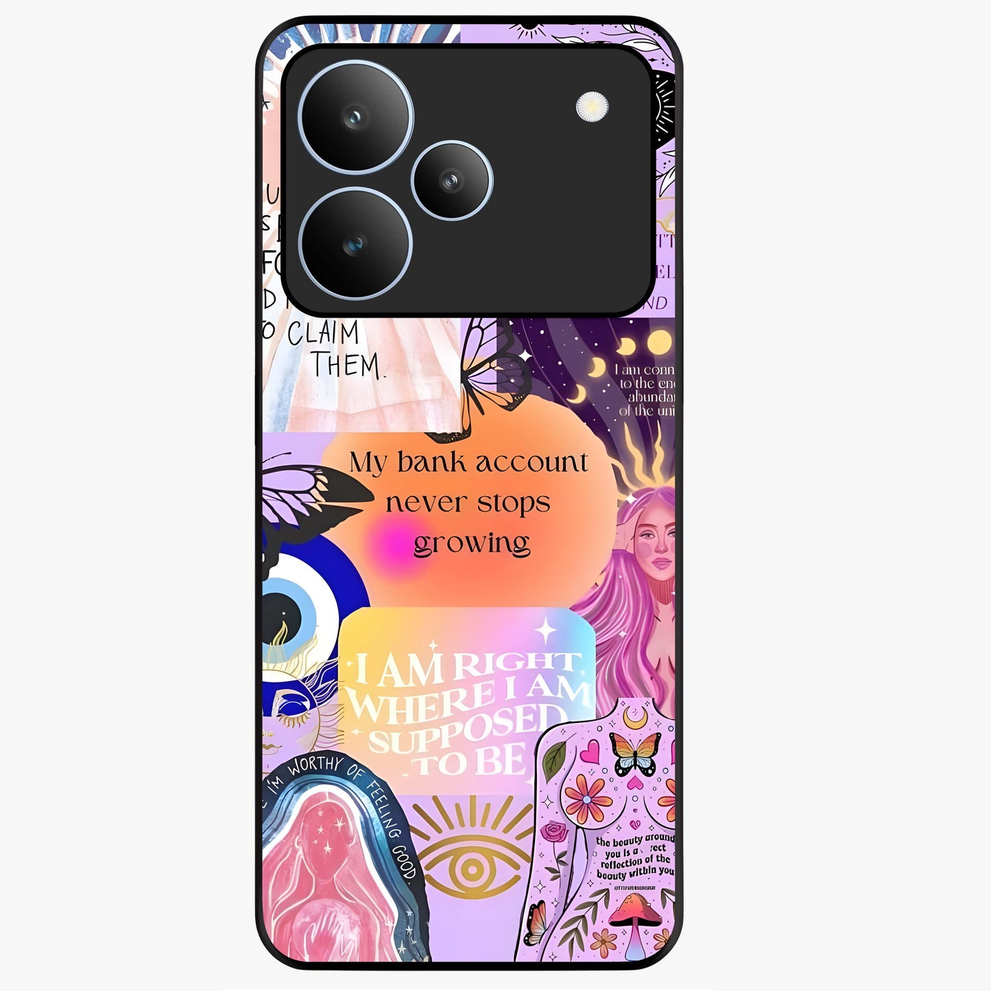Manifestation Collage Glass Case showing flat back view with motivational collage artwork and glossy glass finish.