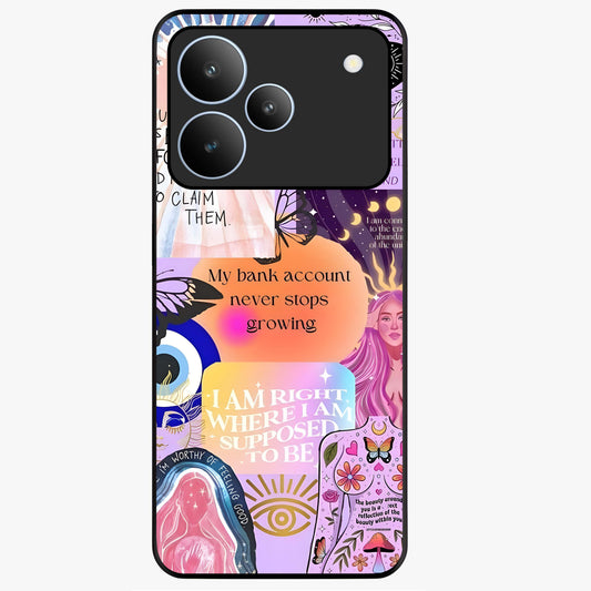 Manifestation Collage Glass Case showing flat back view with motivational collage artwork and glossy glass finish.