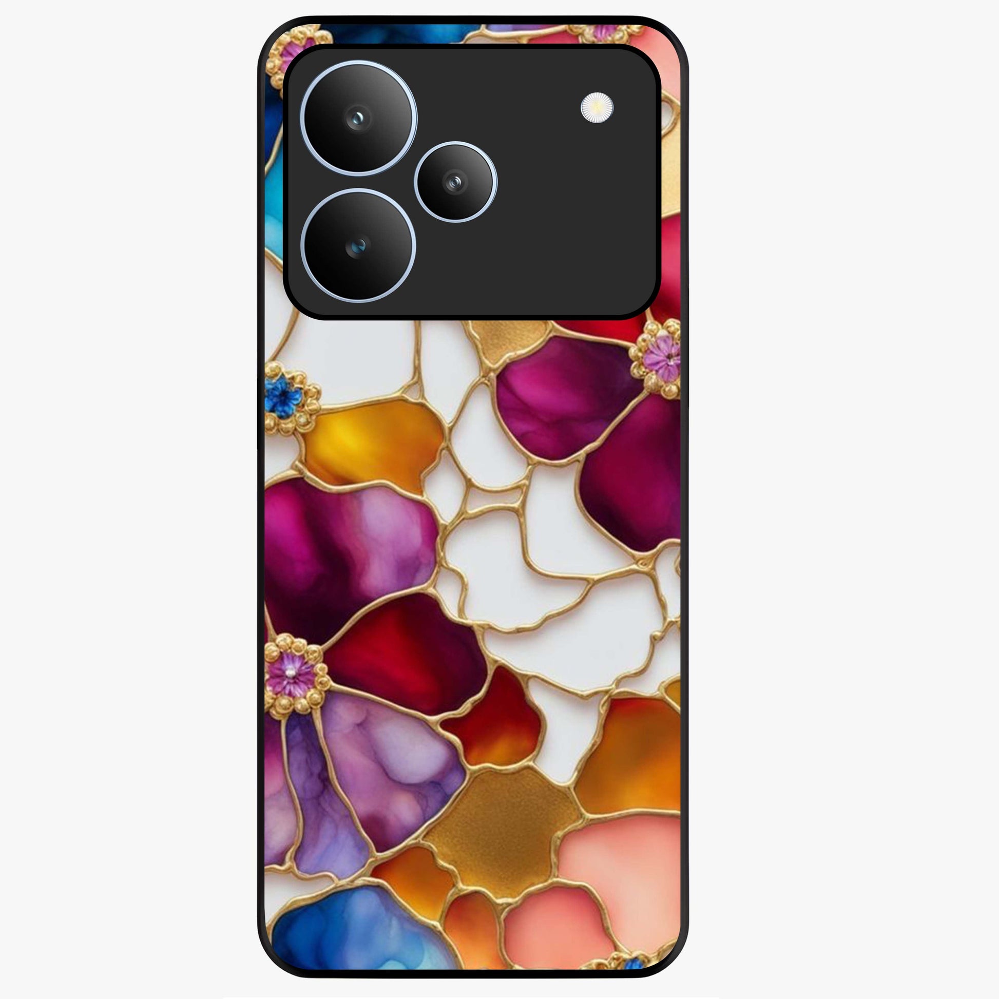 Marble Flower Pattern Glass Case showing flat back view with marble texture floral artwork and glossy glass finish.