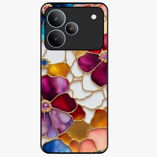 Marble Flower Pattern Glass Case showing flat back view with marble texture floral artwork and glossy glass finish.