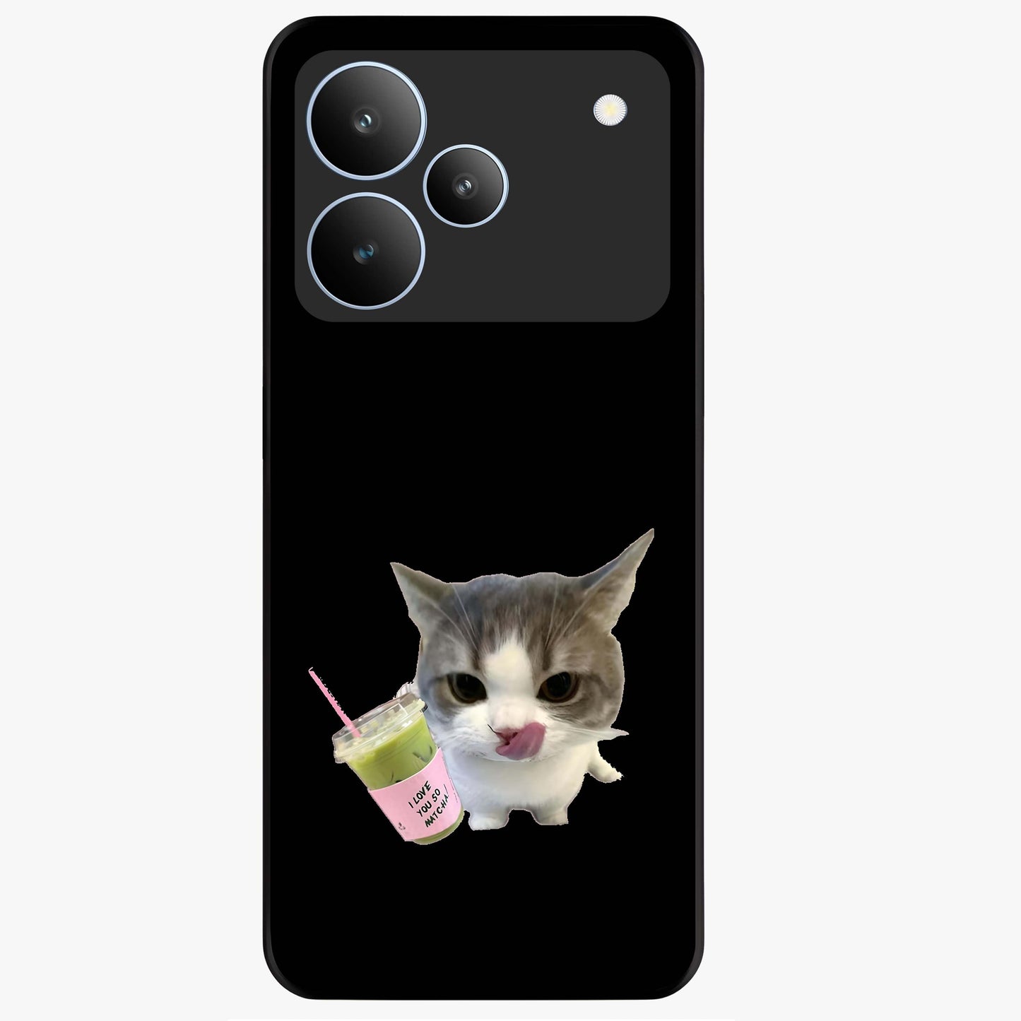 Matcha Cat Style Glass Case showing flat back view with cute matcha themed cat artwork and glossy glass finish.