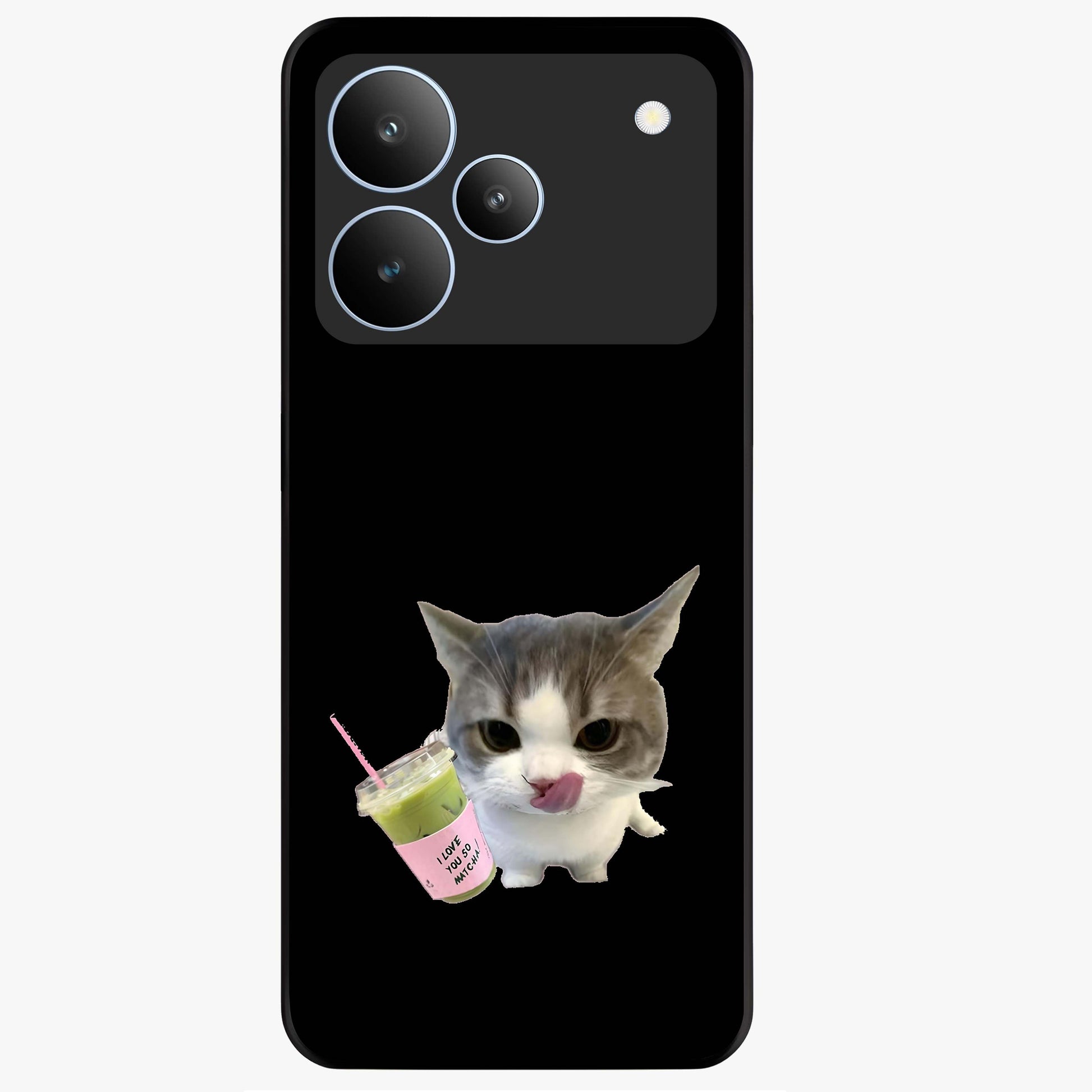 Matcha Cat Style Glass Case showing flat back view with cute matcha themed cat artwork and glossy glass finish.