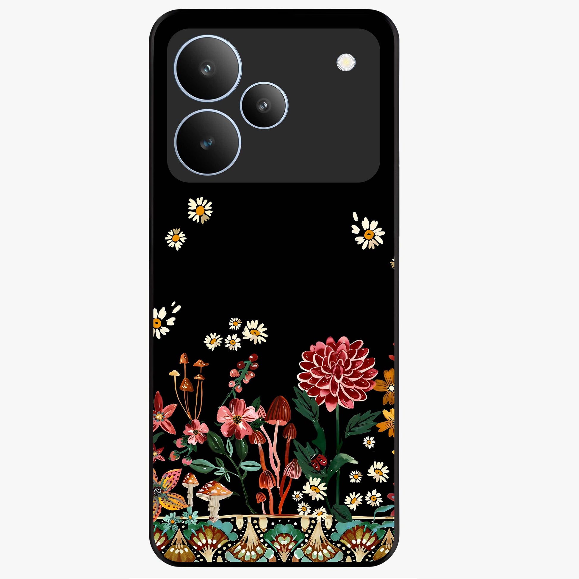 Midnight Bloom Pattern Glass Case showing flat back view with dark floral pattern artwork and glossy glass finish.