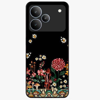 Midnight Bloom Pattern Glass Case showing flat back view with dark floral pattern artwork and glossy glass finish.