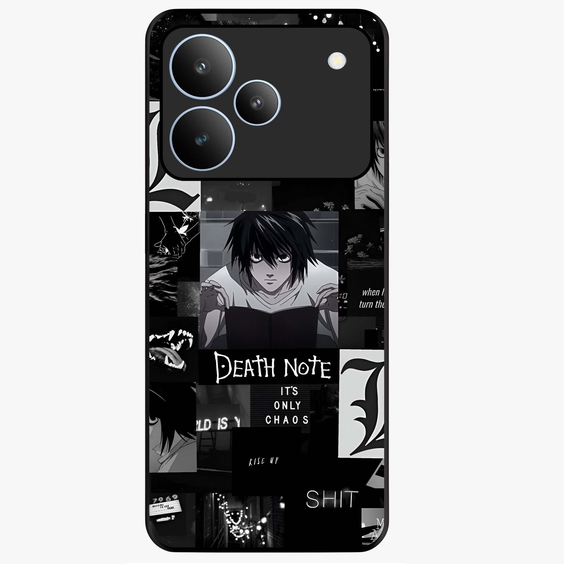 Midnight Chaos Mind Glass Case showing flat back view with abstract dark themed artwork and glossy glass finish.