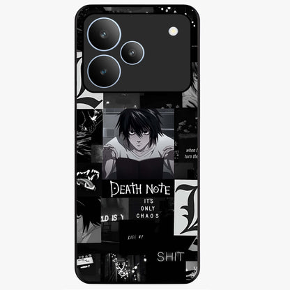 Midnight Chaos Mind Glass Case showing flat back view with abstract dark themed artwork and glossy glass finish.