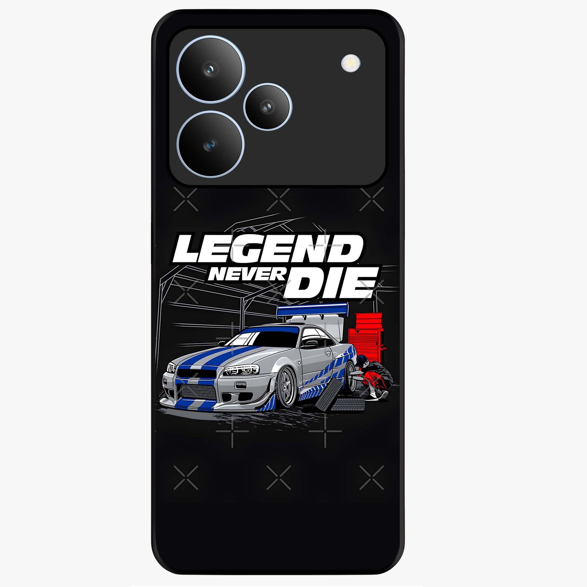 Midnight Racing Legacy Glass Case showing flat back view with sleek racing inspired artwork and glossy glass finish.