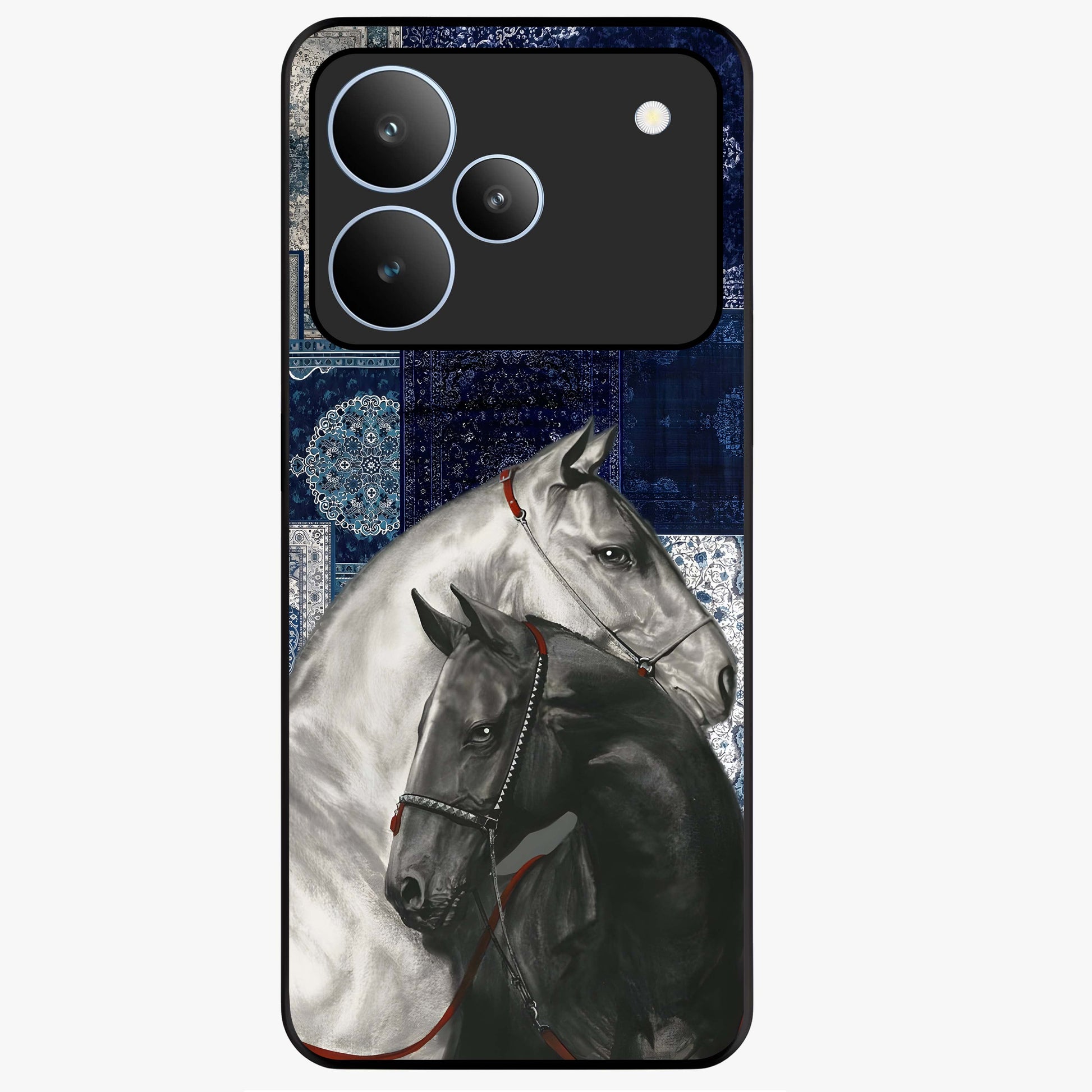 Midnight Stallion Blues Glass Case showing flat back view with majestic horse artwork and glossy glass finish.