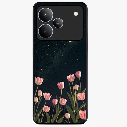 Midnight Tulip Whispers Vibe Glass Case showing flat back view with elegant tulip flower artwork and glossy glass finish.