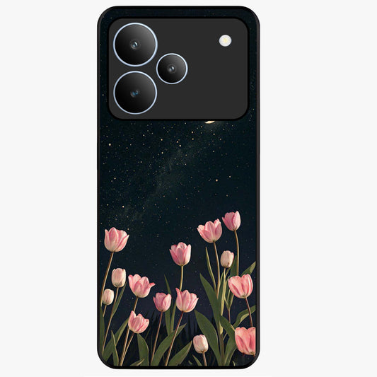 Midnight Tulip Whispers Vibe Glass Case showing flat back view with elegant tulip flower artwork and glossy glass finish.