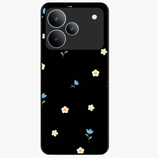 Minimalistic Blue With White Flower Pattern Glass Case showing flat back view with blue background and white flower pattern and glossy glass finish.