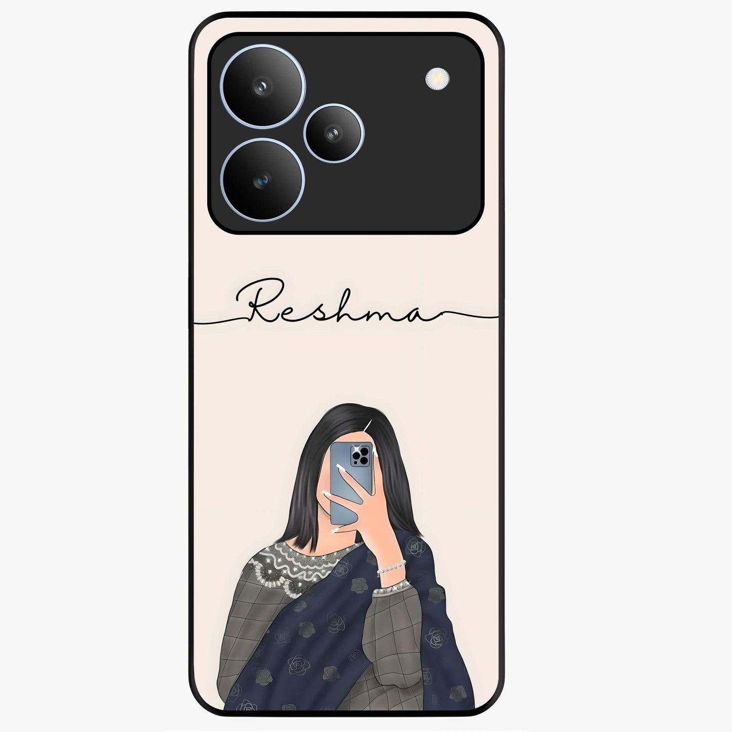 Mirror Mood Muse With Custom Name Glass Case showing flat back view with stylish mirrored artwork and personalized name design.