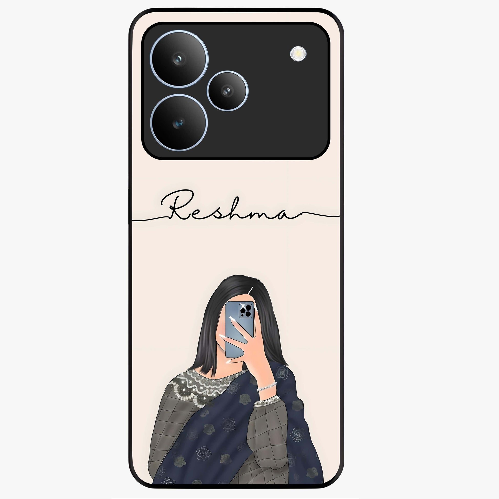 Mirror Mood Muse With Custom Name Glass Case showing flat back view with stylish mirrored artwork and personalized name design.