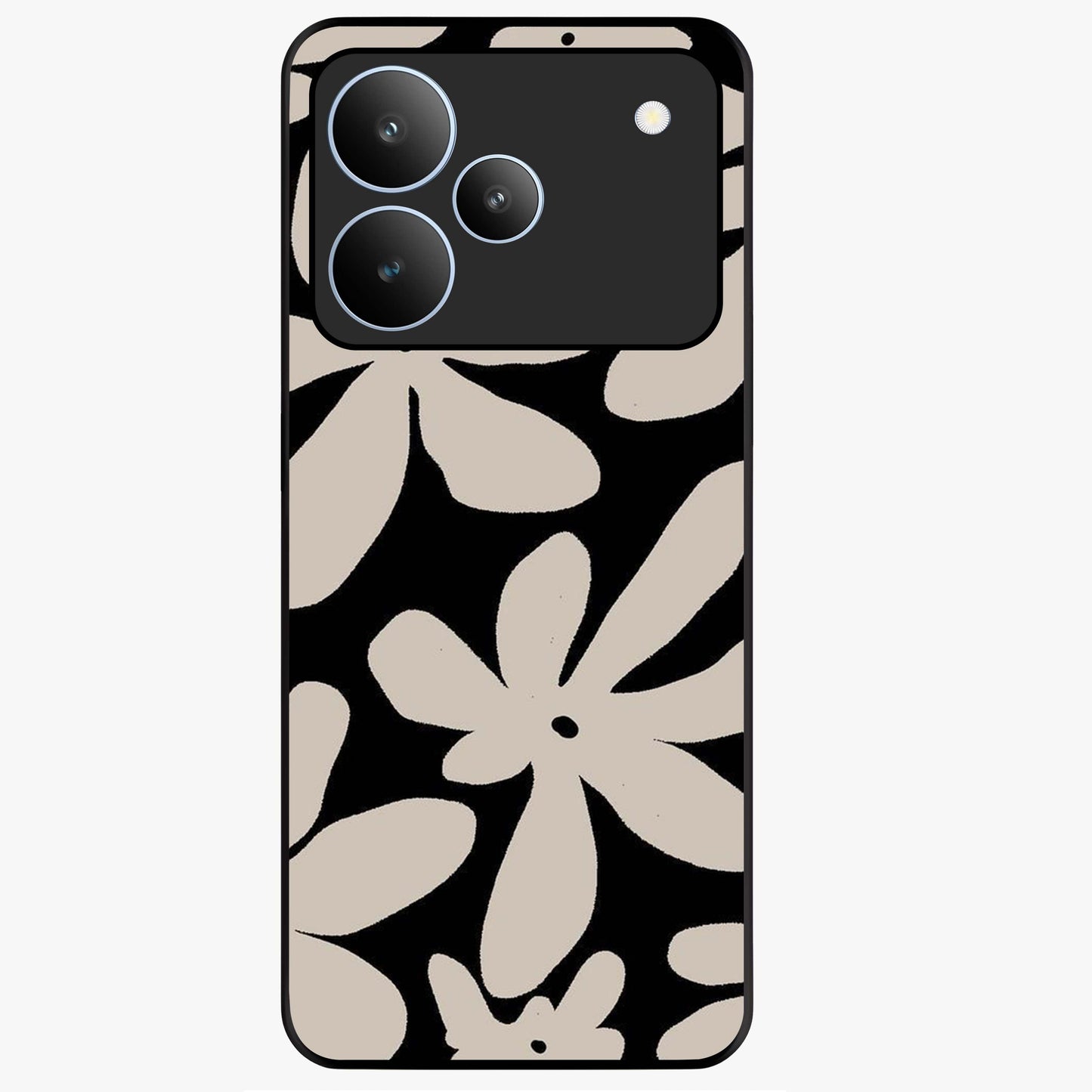 Monochrome Petal Dance Glass Case showing flat back view with monochrome floral artwork and glossy glass finish.