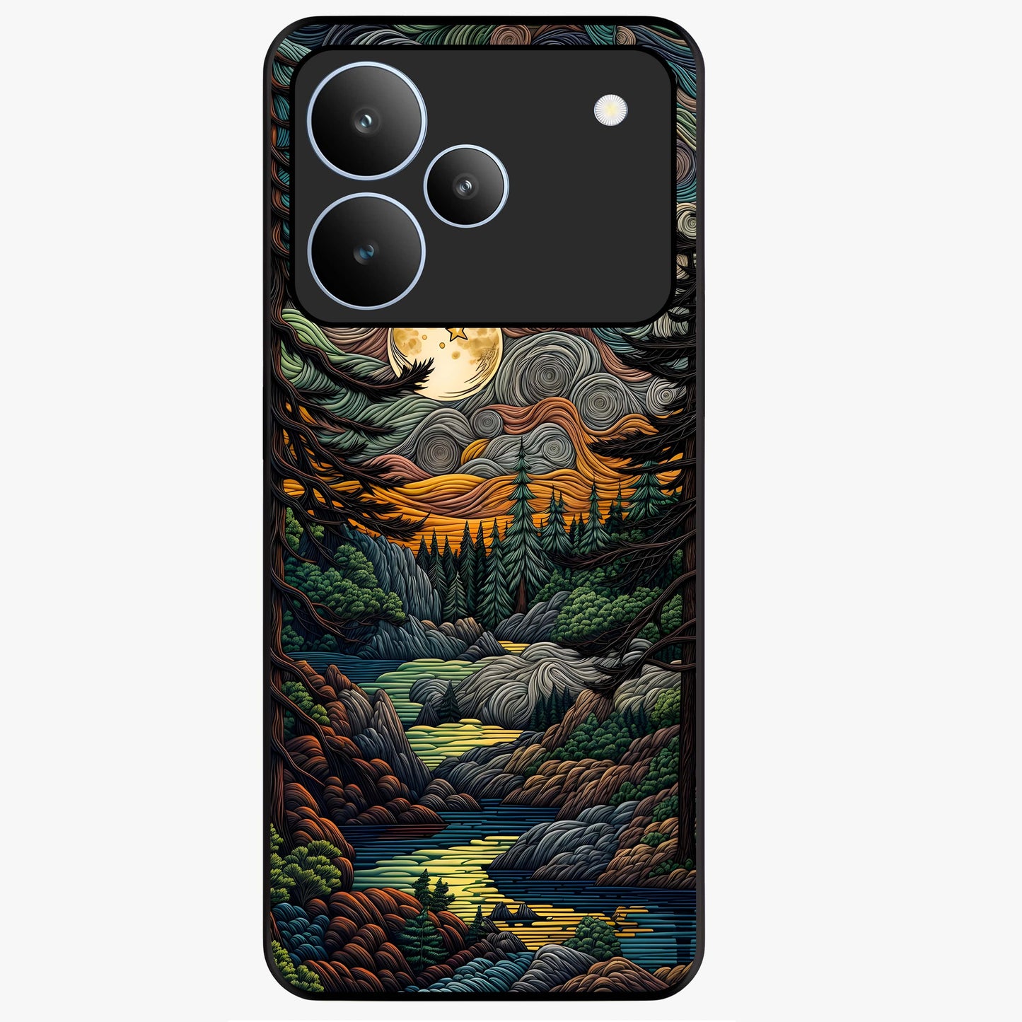 Moonlight Forest Dream Glass Case showing flat back view with mystical forest moonlight artwork and glossy glass finish.