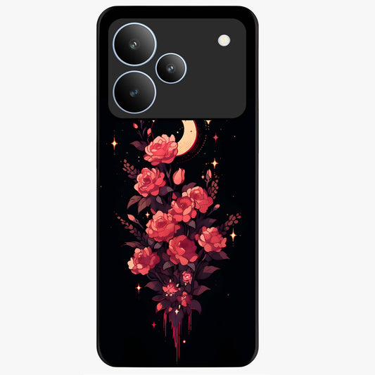 Moonlit Floral Elegance Glass Case showing flat back view with elegant floral artwork under moonlit tones and glossy glass finish.