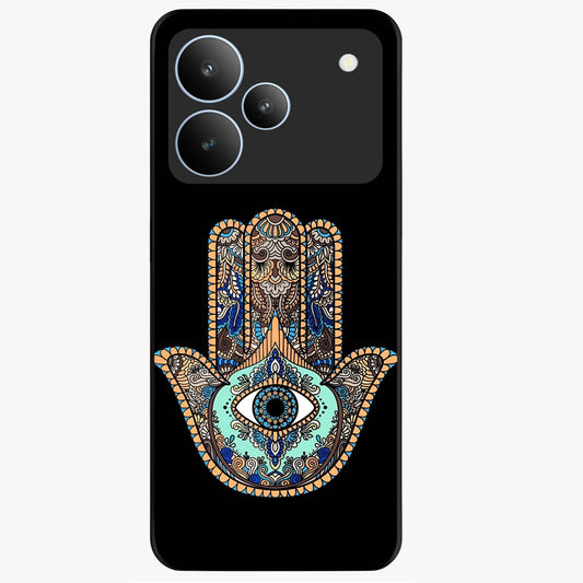 Mystic Hamsa Eye Glass Case showing flat back view with protective hamsa hand and evil eye artwork and glossy glass finish.