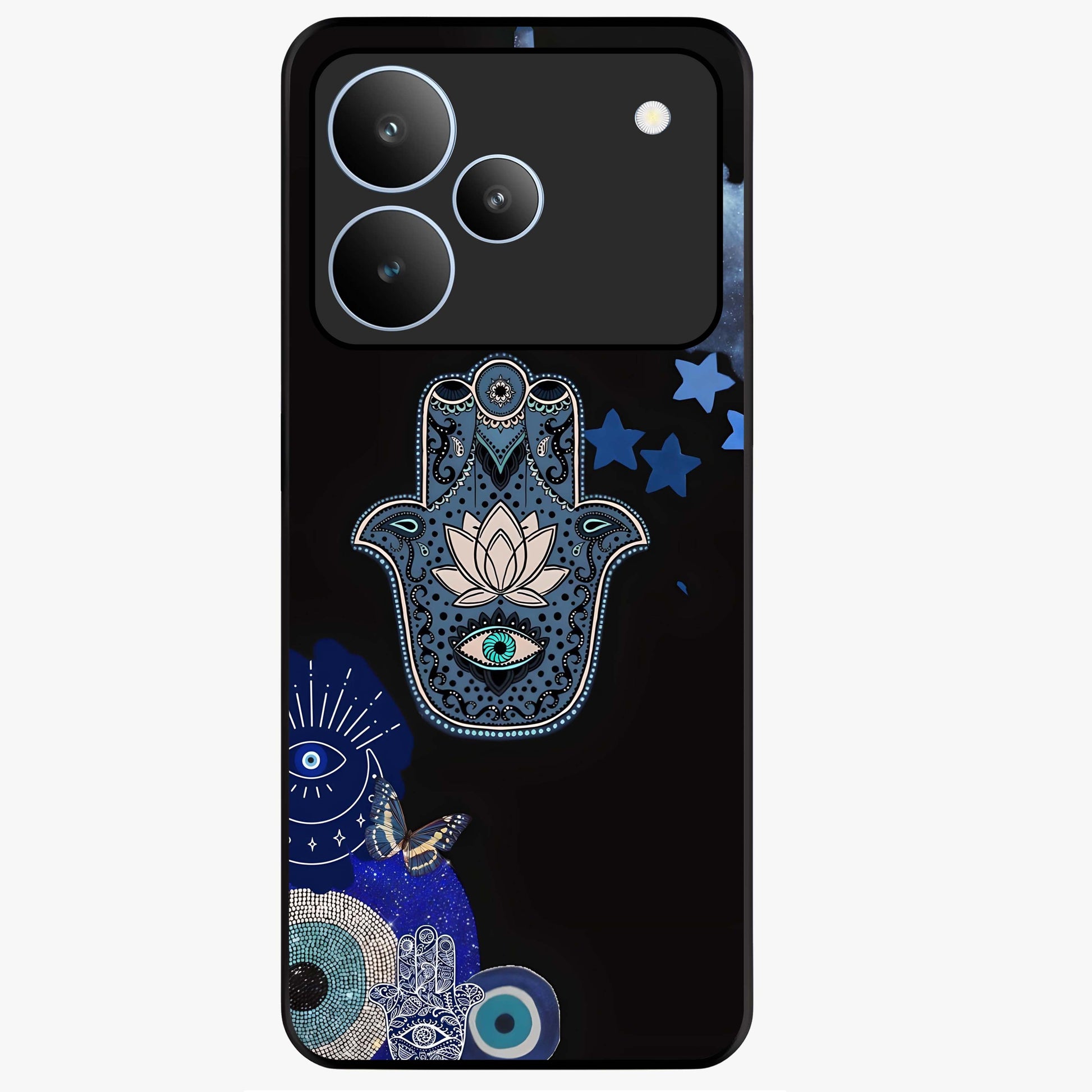 Mystic Hand Aura Glass Case showing flat back view with mystical hand symbol artwork and glossy glass finish.