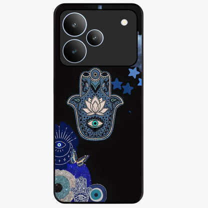Mystic Hand Aura Glass Case showing flat back view with mystical hand symbol artwork and glossy glass finish.