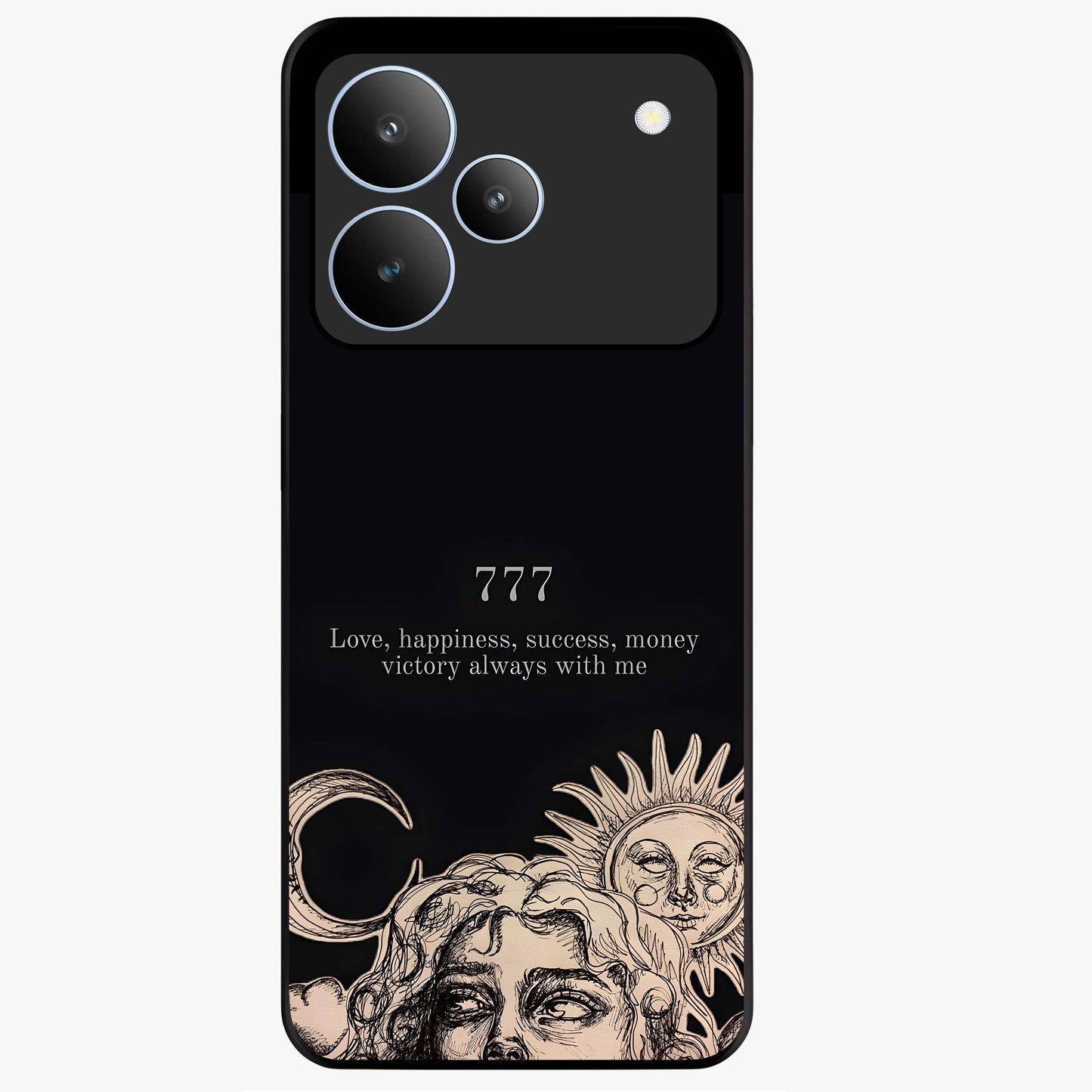 Mystic Victory Aura Glass Case showing flat back view with victory symbol artwork and glossy glass finish.