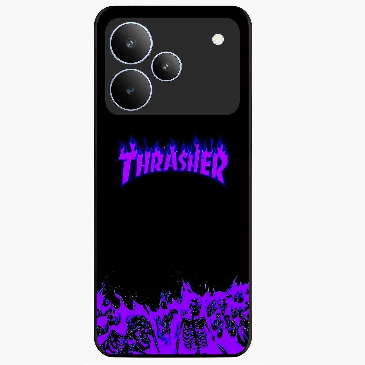 Neon Flame Riot Glass Case showing flat back view with neon flame artwork and glossy glass finish.