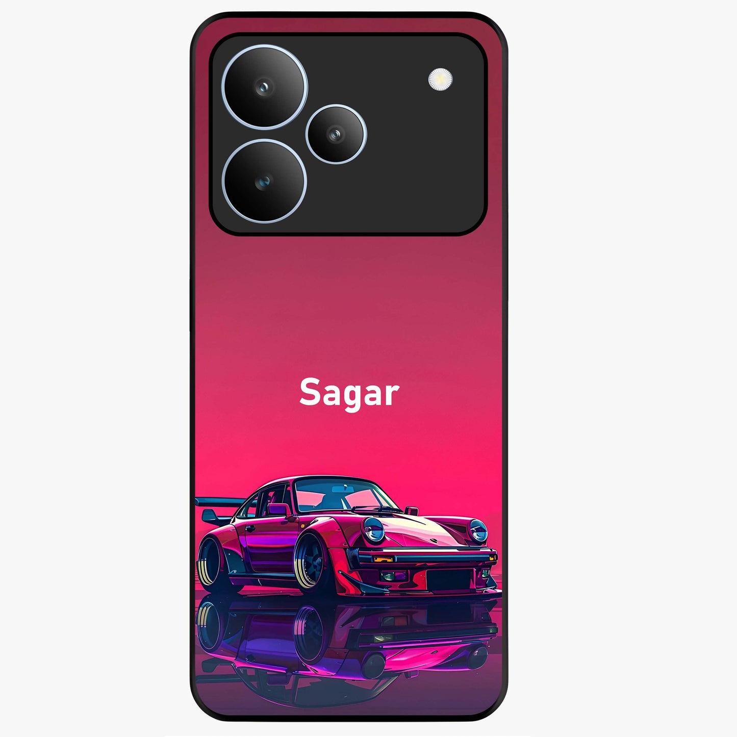 Neon Pink Porsche Glass Case showing flat back view with stylish sports car artwork and glossy glass finish.