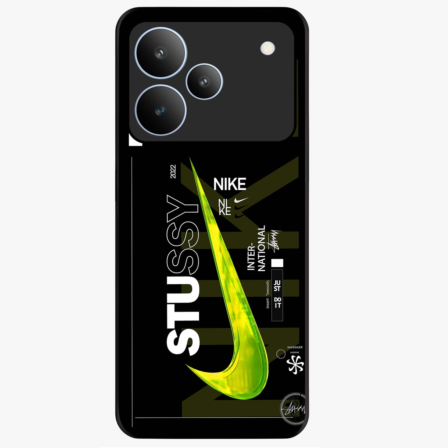 Neon Street Edition Glass Case showing flat back view with neon street style artwork and glossy glass finish.