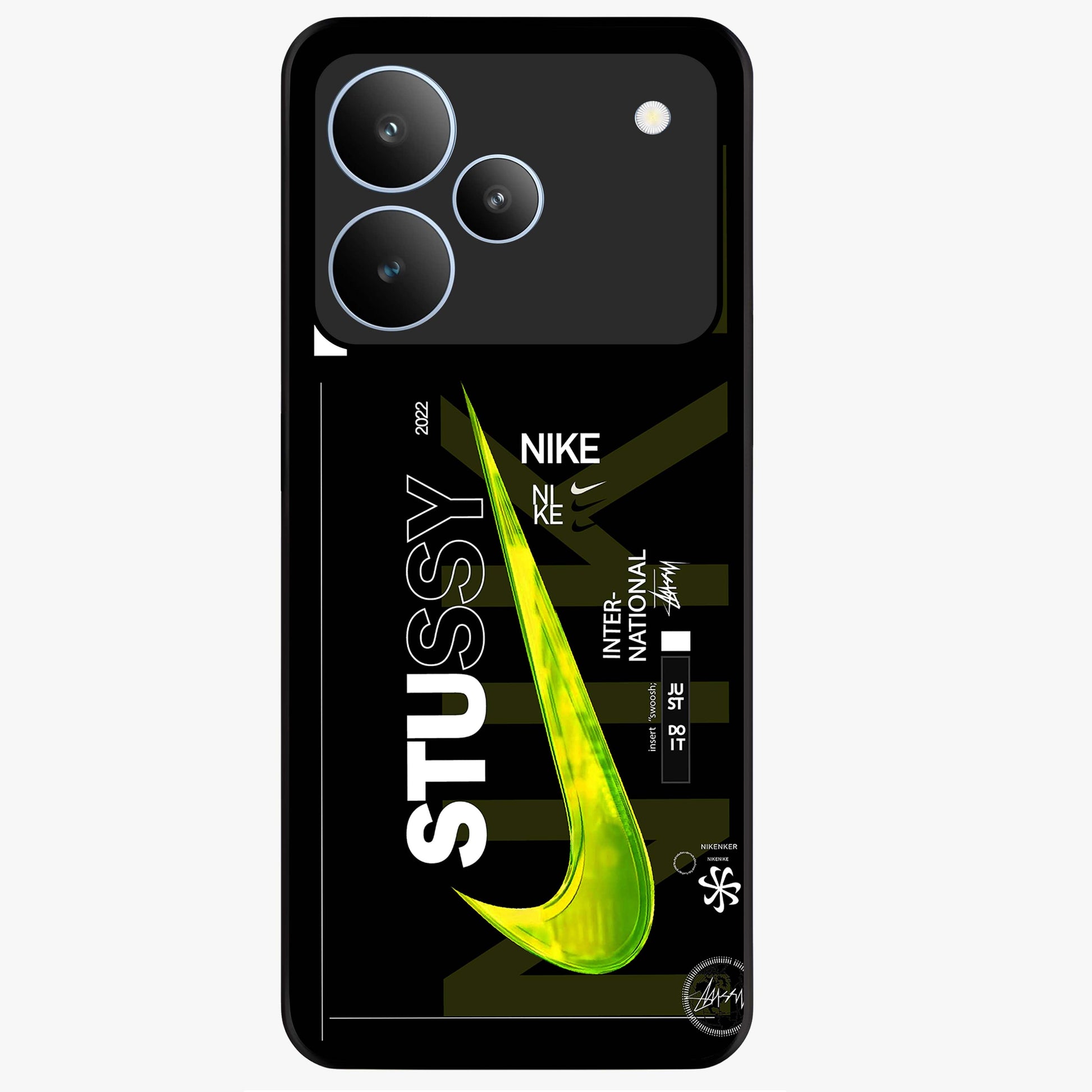 Neon Street Edition Glass Case showing flat back view with neon street style artwork and glossy glass finish.