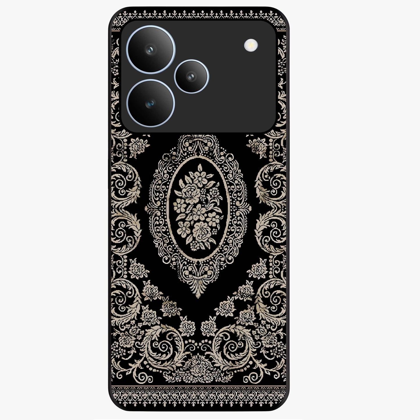 Noir Bloom Elegance Glass Case showing flat back view with elegant dark floral artwork and glossy glass finish.