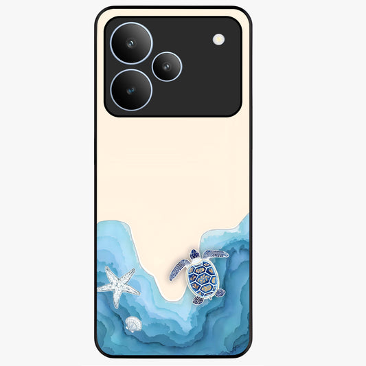 Ocean Drift Turtle Glass Case showing flat back view with sea turtle artwork and glossy glass finish.