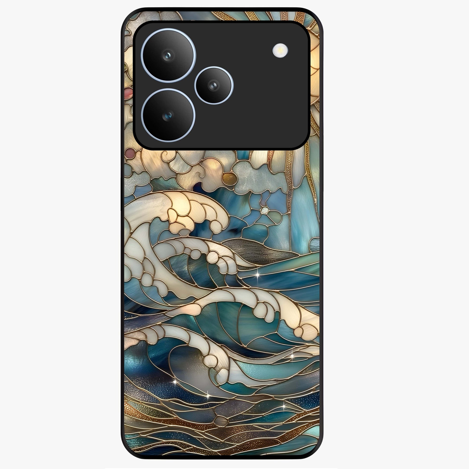 Oceanic Stained Printed Glass Case showing flat back view with ocean inspired stained pattern artwork and glossy glass finish.