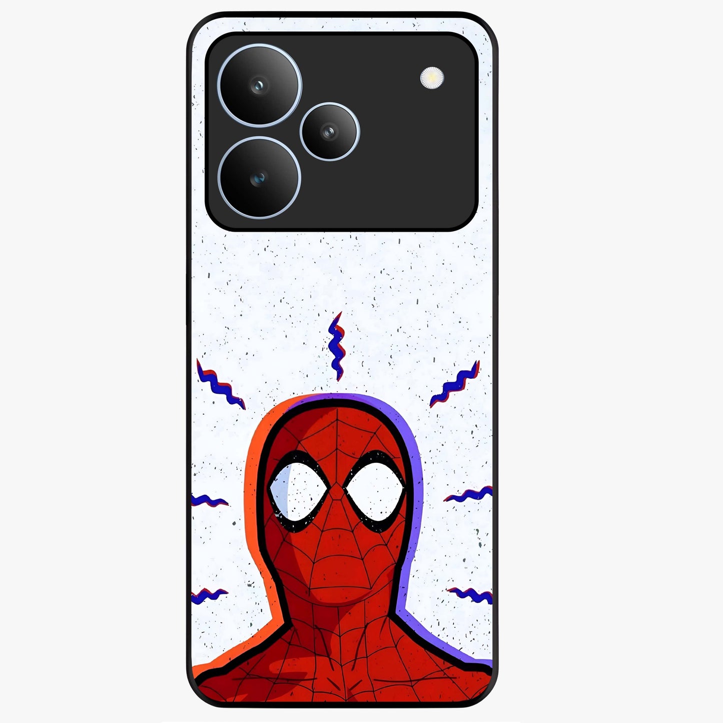Omg Spiderman Glass Case showing flat back view with bold superhero inspired artwork and glossy glass finish.