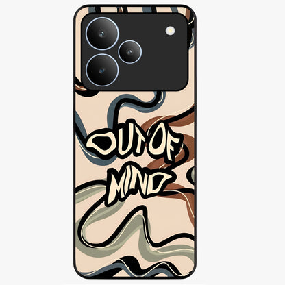 Out Of Mind Glass Case showing flat back view with expressive typography artwork and glossy glass finish.
