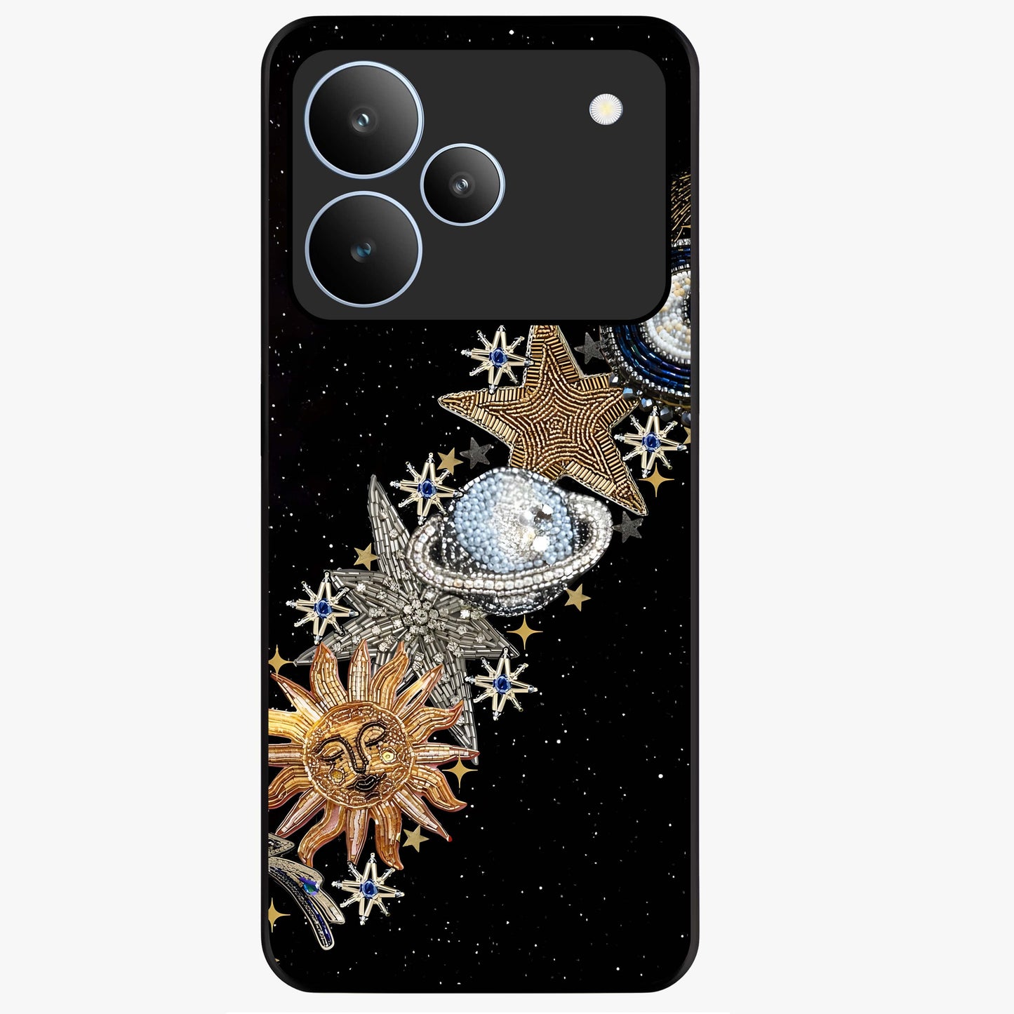 Pearls Universe Object Glass Case showing flat back view with pearl inspired cosmic artwork and glossy glass finish.