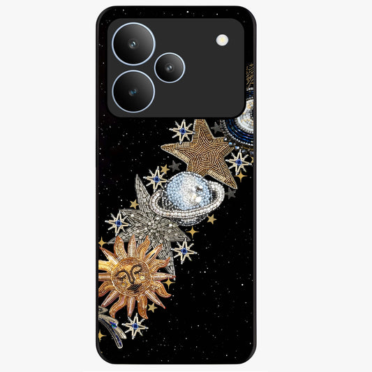 Pearls Universe Object Glass Case showing flat back view with pearl inspired cosmic artwork and glossy glass finish.