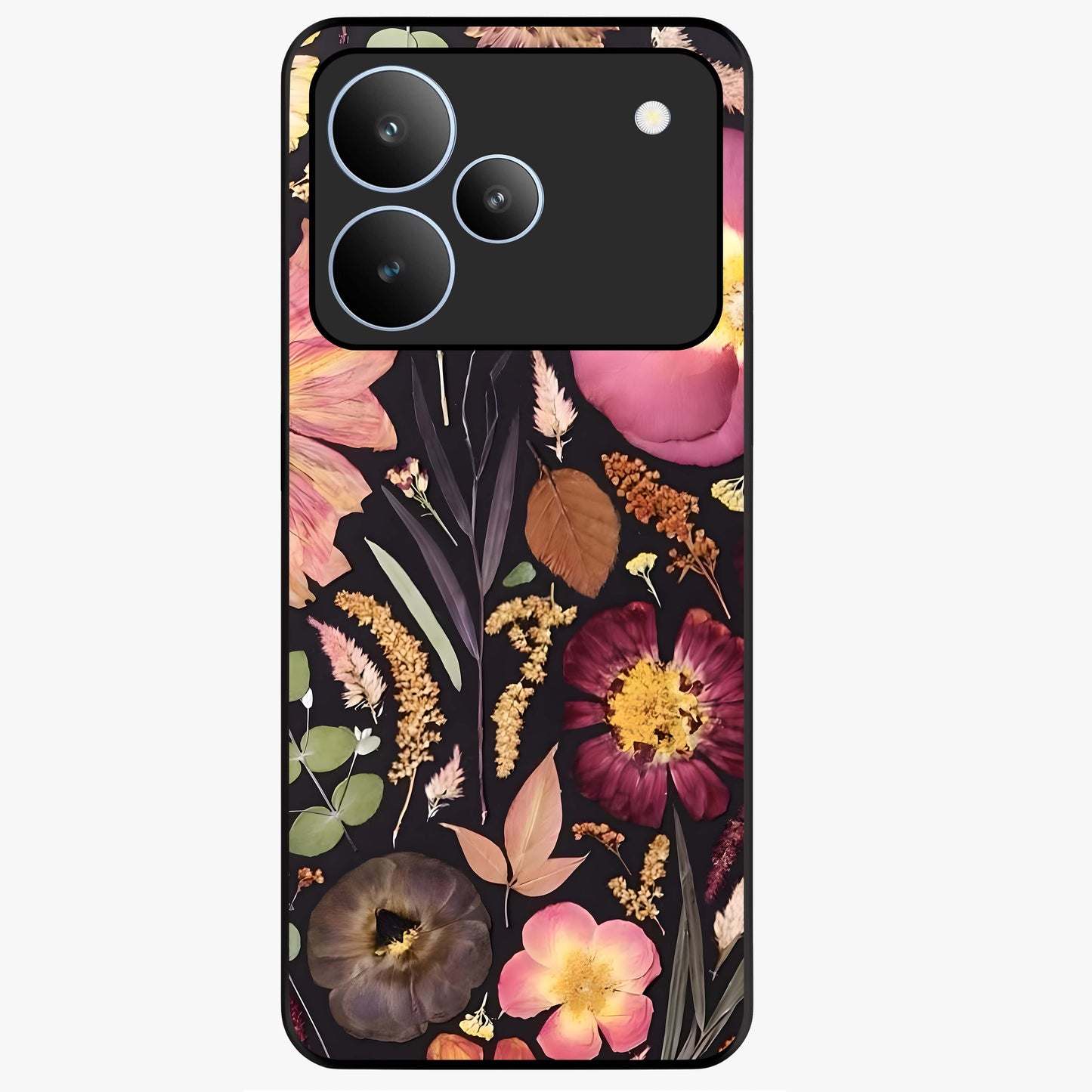 Petal Dream Tapestry Glass Case showing flat back view with intricate floral tapestry artwork and glossy glass finish.