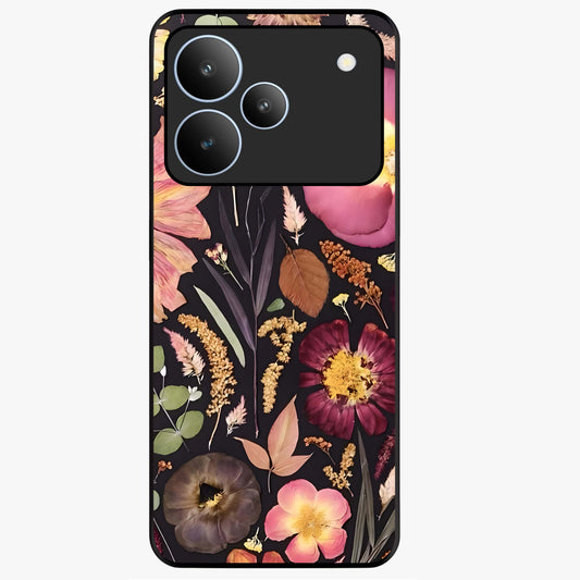 Petal Dream Tapestry Glass Case showing flat back view with intricate floral tapestry artwork and glossy glass finish.