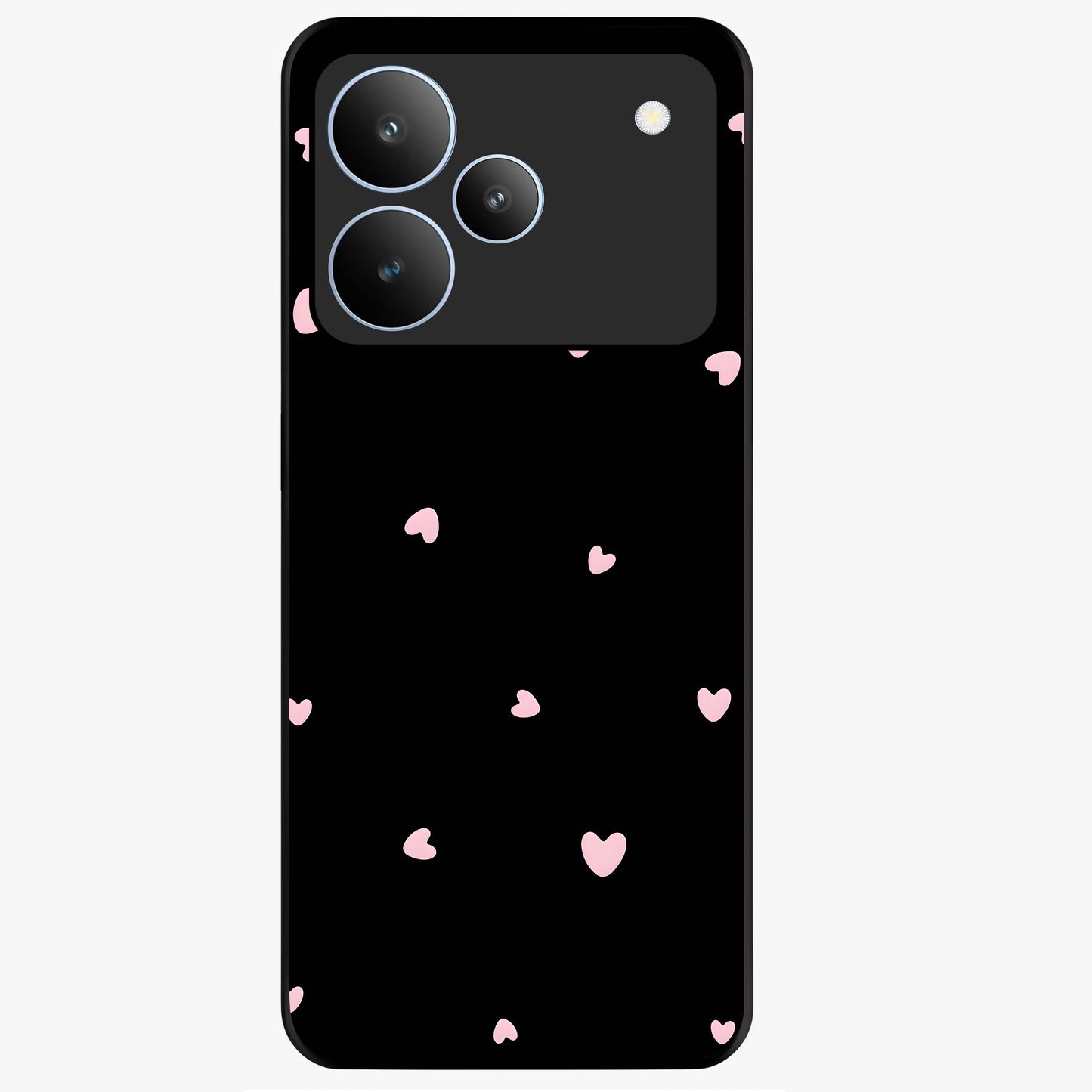 Pink Love Drops Glass Case showing flat back view with playful pink heart drops artwork and glossy glass finish.