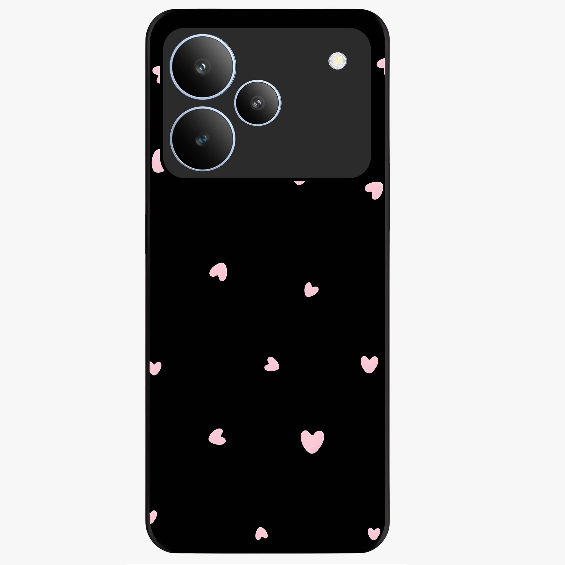 Pink Love Drops Glass Case showing flat back view with playful pink heart drops artwork and glossy glass finish.