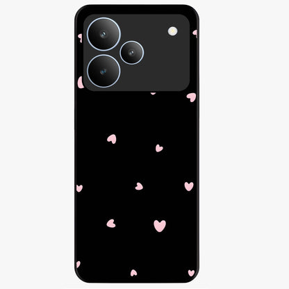 Pink Love Drops Glass Case showing flat back view with playful pink heart drops artwork and glossy glass finish.