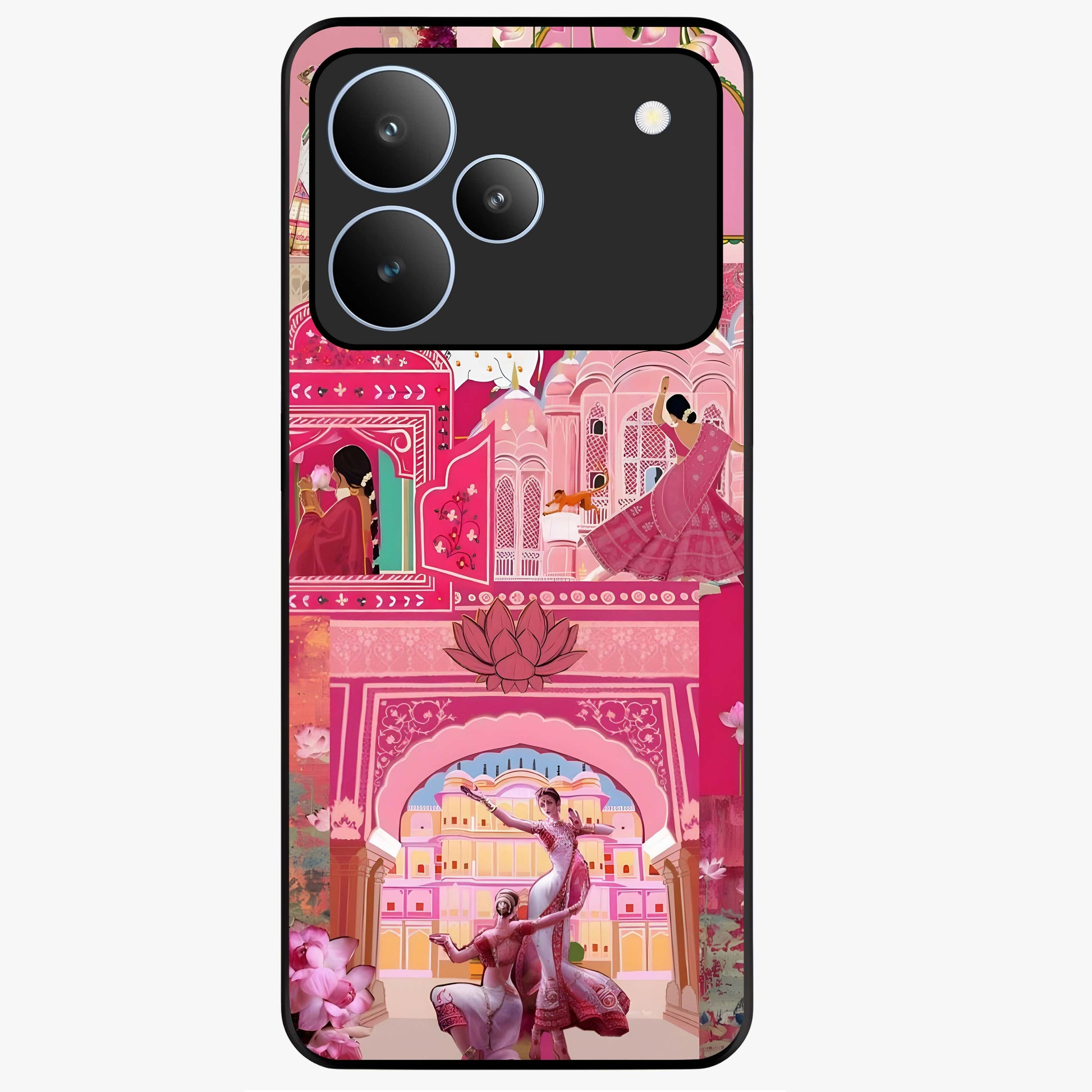 Pink Palace Muse Glass Case showing flat back view with elegant palace inspired artwork and glossy glass finish.