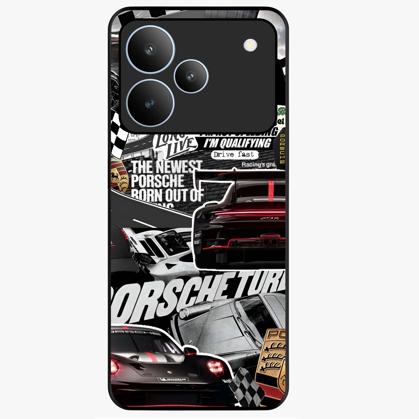 Porsche Racing Collage Glass Case showing flat back view with sports car racing collage artwork and glossy glass finish.