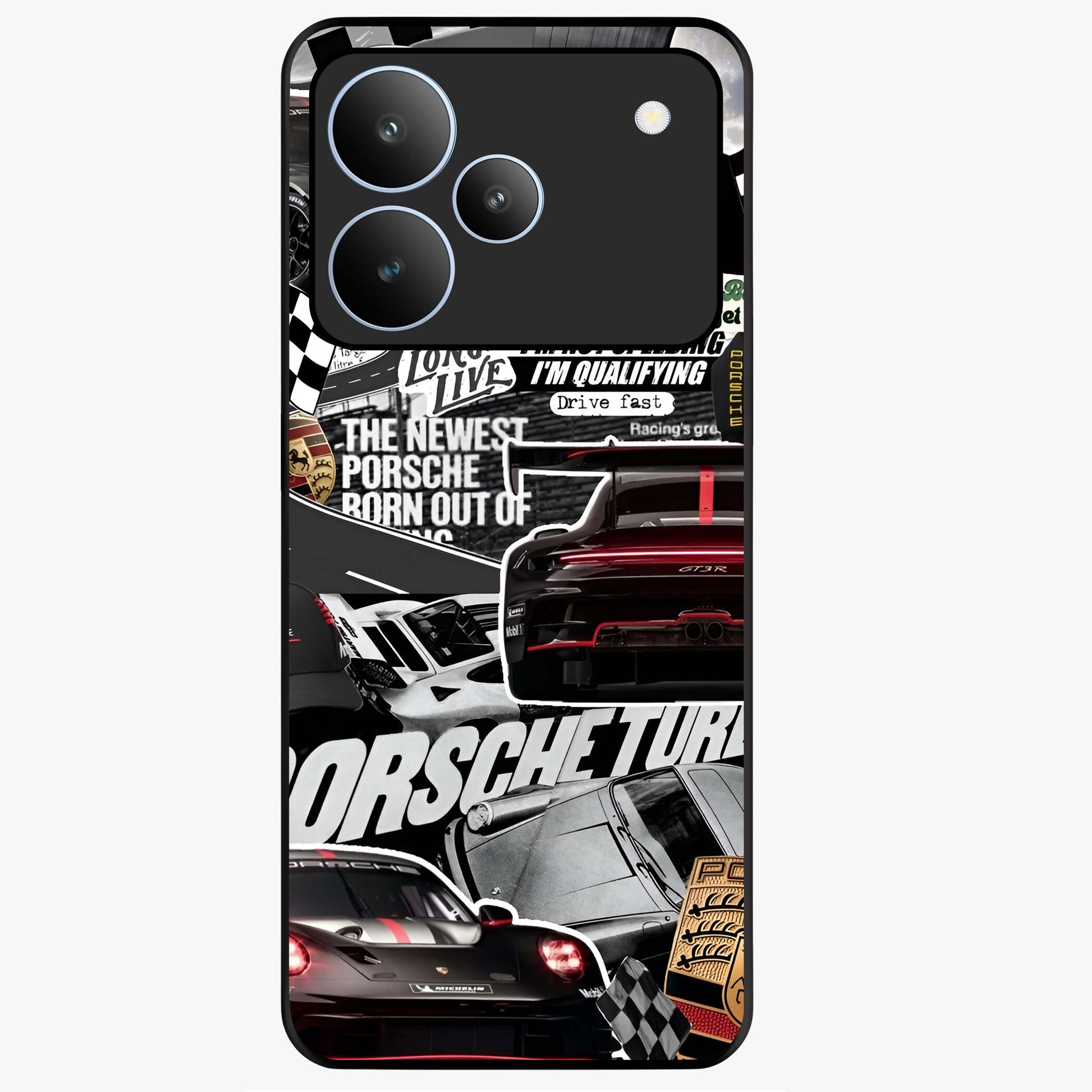 Porsche Racing Collage Glass Case showing flat back view with sports car racing collage artwork and glossy glass finish.