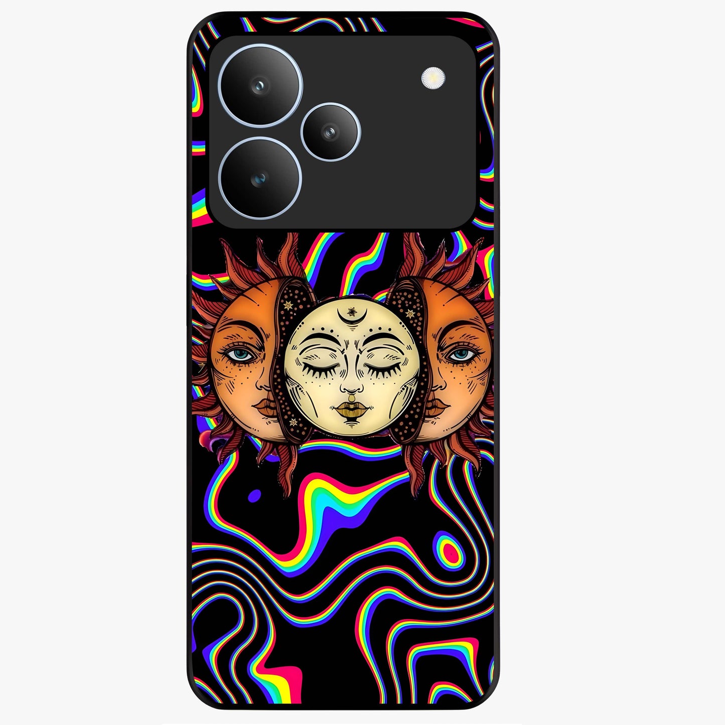 Psychedelic Sun Glass Case showing flat back view with colorful psychedelic sun artwork and glossy glass finish.