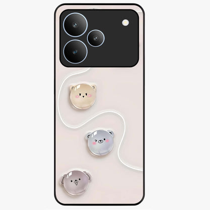 Puffy Face Parade Glass Case showing flat back view with cute puffy character faces artwork and glossy glass finish.