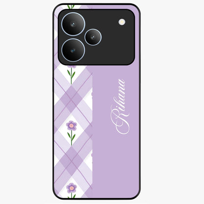 Purple Diamond Floral Glass Case showing flat back view with diamond shaped floral artwork and glossy glass finish.