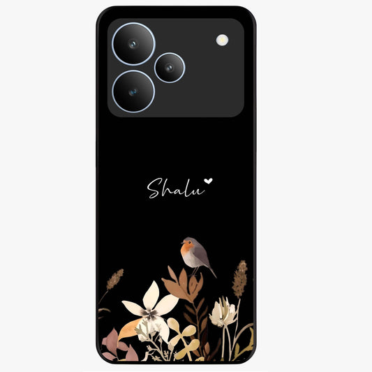 Quiet Garden Tune Custom Name Glass Case showing flat back view with peaceful garden artwork and personalized name design.
