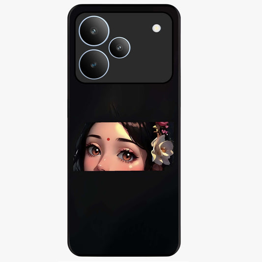Radha Divine Embrace Glass Case showing flat back view with devotional Radha artwork and glossy glass finish.